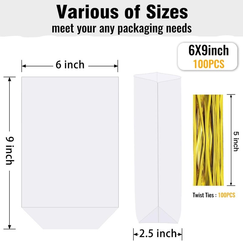ZIMCEMS 100Pcs 6X9 inch Bottom Gusset Bags Clear Cellophane Gift Bags Plastic Gift Wrap Cello Bags for Party Favor Treats, Goodie,Bakery Cookie, Candy with 5" Twist Ties - Image 2